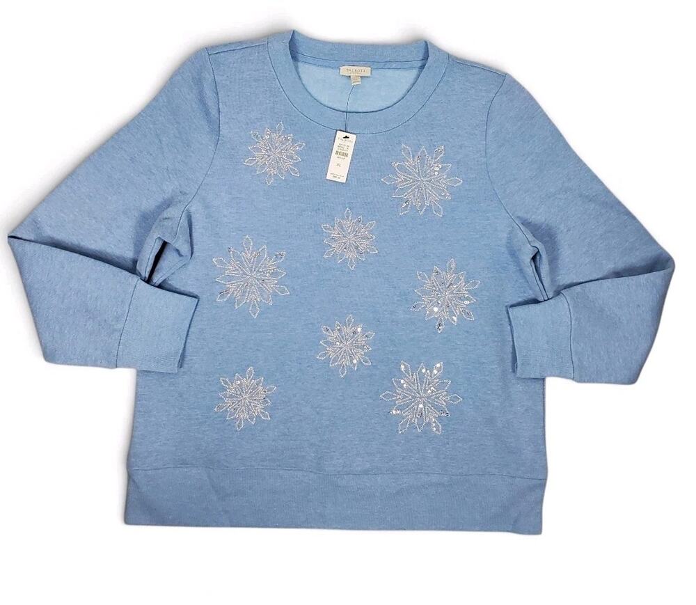 NEW Talbot's Snowflake Crew Neck Sweatshirt Sz L Petite Blue Fleece Long Sleeve